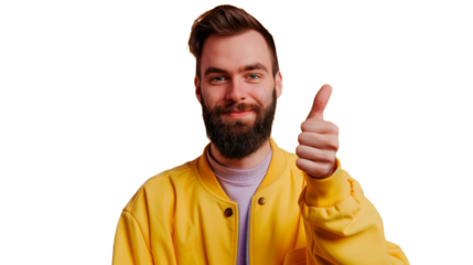 Portrait of handsome smiling young man giving a thumbs up gesture isolated transparent, white background.