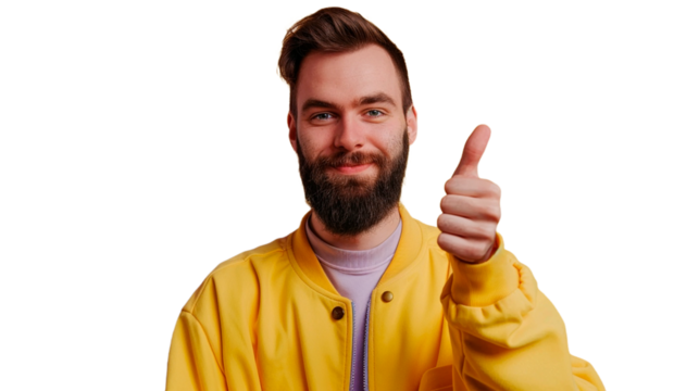 Portrait of handsome smiling young man giving a thumbs up gesture isolated transparent, white background.