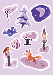 Set of cartoonish winter stickers; funny animals; pink and purple color palette 