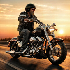 A rider, with a helmet and leather jacket, is riding a classic motorcycle during sunset