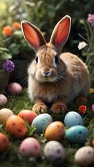 Fototapeta na wymiar A cute bunny amidst colorful Easter eggs and blooming flowers, capturing the essence of spring