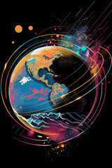 rainbow screen print of the earth on black background