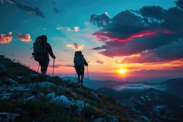 Two adventurous individuals hike up a mountain, silhouetted by the setting sun. The orange and pink hues create a stunning backdrop as they conquer the rugged terrain - obrazy, fototapety, plakaty