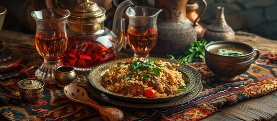 Fototapeta premium A table covered in adras fabric is topped with a plate of aromatic Uzbek cuisine pilaf, surrounded by glasses of wine and tea.