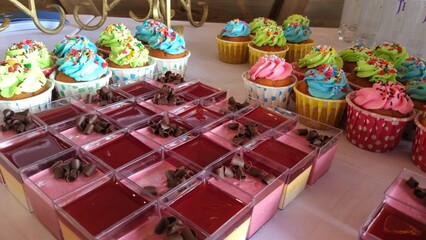 Colorful Cupcake and Dessert Spread
Description: Vibrant cupcakes and layered puddings on a dessert...