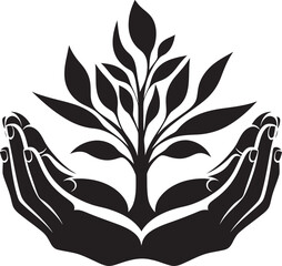 Organic Connection Hands and Plant Icon Graphic Earthly Embrace Vector Logo with Hands Holding Plant
