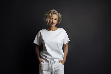 Middle aged woman wearing blank white t-shirt posing against black wall. Portrait of confident mid-aged woman wearing white t-shirt mockup template for design print