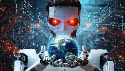 Menacing scary expression of AI robot with red eyes looking into camera holding the earth in its hands