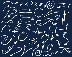 Hand drawn arrow icons vector set. Up and down pencil sketch arrows, right left direction pointers, cycle and way symbols. Scribble infographic elements. Left up down right direction icons. Tick cross