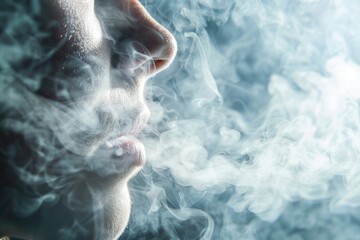 A mysterious woman exhales swirling smoke, creating a mesmerizing and magical scene - obrazy, fototapety, plakaty