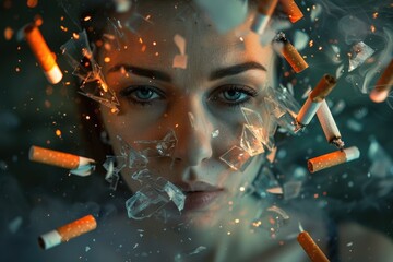 A woman is surrounded by cigarettes and smoke, appearing overwhelmed and captivated by the toxic environment she finds herself in - obrazy, fototapety, plakaty