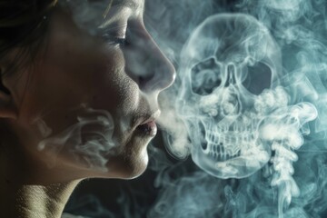 A woman elegantly smokes a cigarette while a haunting skull lingers in the background, creating a juxtaposition between life and death