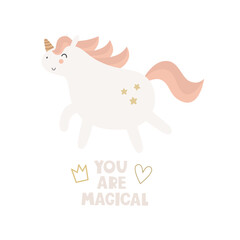 You are magical. Cartoon unicorn, hand drawing lettering, decor elements. Colorful vector illustration for kids, flat style. baby design for card, print, poster, cover.
