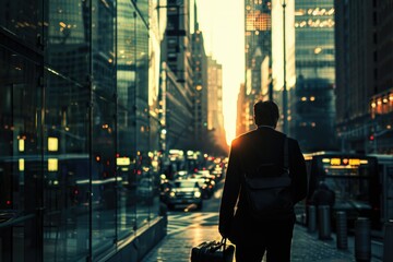 A man in business attire is walking down a bustling city street, holding a suitcase in one hand. He appears focused and determined, blending into the urban landscape