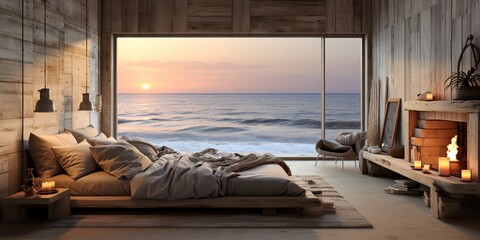AI Generated. AI Generative. Wabi sabi villa hotel room apartment in wooden minimal style with big wndow and sea ocean view background landscape. Relaxing vacation vibe. Graphic Art