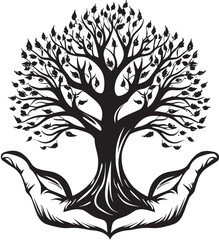 Botanic Harmony Stylish Living Plant Emblem in Hands Design Leafy Connection Vector Graphic of Hands and Living Plant in Black