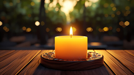 Close-up of candle with soft warm background behind it - obrazy, fototapety, plakaty