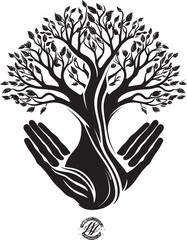 Eco Harmony Living Plant Emblem in Hands Vector Graphic Botanic Caress Elegant Black Logo Design with Hands Holding a Living Plant