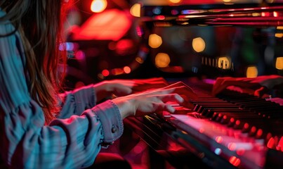 A piano player playing on stage, glowing light