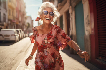 Elderly woman dancing on city street. Active seniors and urban lifestyle concept - Powered by Adobe
