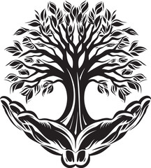 Flora Fusion Black Logo Featuring Hands Holding a Beautiful Plant Organic Unity Detailed Vector Graphic of Hands and Living Plant in Black