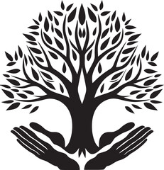 Foliage Finesse Black Logo Design with Living Plant Icon in Hands Natural Affinity Hands Holding Vibrant Plant Vector in Elegant Design