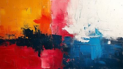 Abstract painting featuring bold strokes of red, yellow, blue and black on a white canvas.
Concept: use in interior design, book covers and music albums - obrazy, fototapety, plakaty