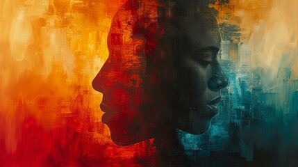 A silhouette of a person's profile fused with bright red and blue abstract colors in the background, creating a burning and cooling effect. Concept: psychology, emotions, personality dualism, and also