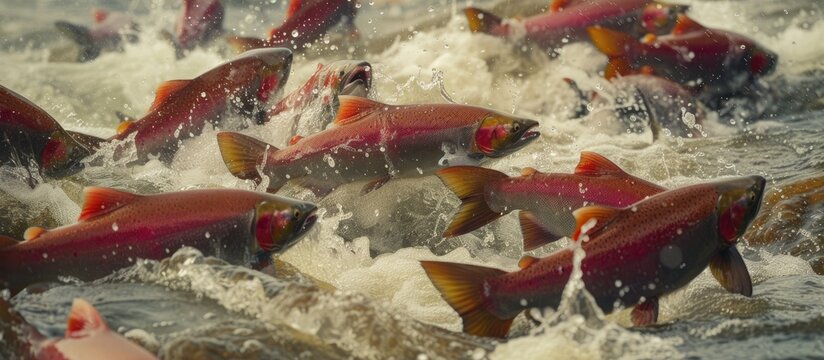 A significant number of pink salmon, also known as humpy salmon, swim in Resurrection Creek, Alaska. The fish are moving together in the water, displaying their vibrant pink and silver scales.