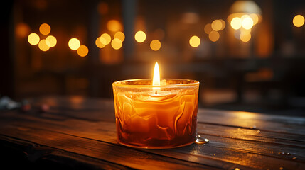 Close-up of candle with soft warm background behind it - obrazy, fototapety, plakaty