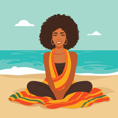 African American woman sitting beach towel. Smiling female meditating seaside, calm peaceful. Relaxation vacation vector illustration