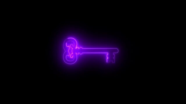 Neon glowing purple key icon animation in black background