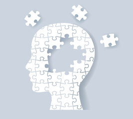 Puzzle Man Head Icon Isolated Blue Background
