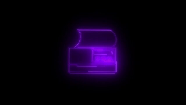 Neon glowing purple printer animation in black background