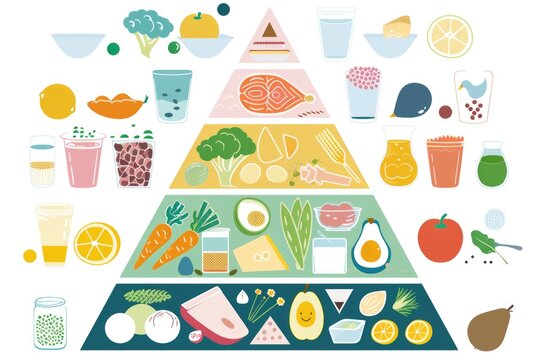 A colorful and visually appealing pyramid arrangement of a variety of fresh fruits and vegetables, showcasing a balanced and nutritious diet