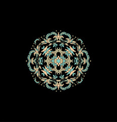 Ornamental golden  green laced rosette composition, vignette on dark background

