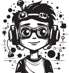 Code Mastermind Vector Graphic of Cyber Tech Kid for Black Logo Design Digital Wunderkind Engineering Cyber Tech Kid Icon in Black Vector