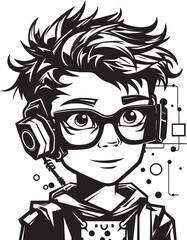 Junior Cyber Tech Innovator Cyber Kid Icon in Vector Black Inventor Engineering Prodigy Black Logo Featuring Cyber Tech Kid