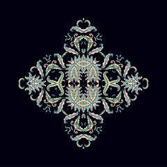 Ornamental laced rosette composition, vignette on dark background