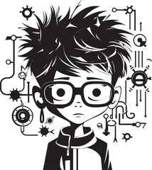 Future Tech Innovator Junior Cyber Kid Icon in Vector Black Virtual Tech Prodigy Black Logo Featuring Cyber Tech Kid