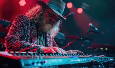 A piano player playing on stage, glowing light - obrazy, fototapety, plakaty