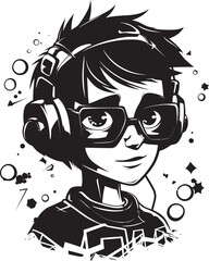 Digital Engineer Visionary Cyber Kid Emblem in Black Logo Design Tech Whiz Kid Junior Vector Black Logo with Cyber Tech Icon