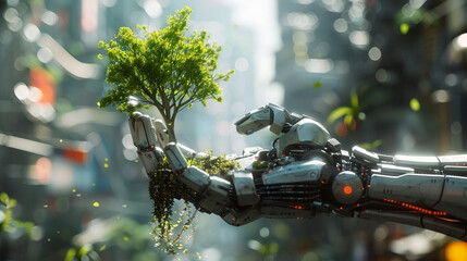 Cyberpunk A robotic hand planting a tree in a futuristic city, where rock meets tech in harmony - obrazy, fototapety, plakaty