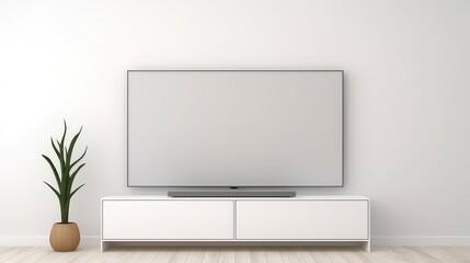 White TV screen mockup on white wall in modern living room