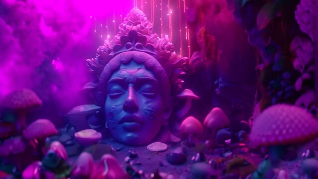 Carved stone head of a goddess from an ancient civilization, surrounded by psychedelic magic mushrooms, and pink, purple, and blue neon lights for a trippy wallpaper.