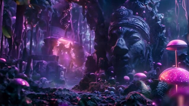 Ancient civilization in ruins deep within a jungle, featuring a large indigenous head carved in stone, magical mushrooms, and modern neon lights in blue, purple, and pink.
