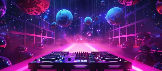 Group happy people in DJ night club party with projector neon illumination effect. AI generated