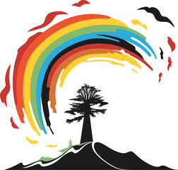 Stylized rainbow arcing over mountain lone tree silhouette flying birds. Nature landscape colorful spectrum peaceful scenery vector illustration