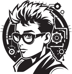 Digital Prodigy Black Logo Featuring Cyber Tech Kid Vector Design Young Engineer Maverick Cyber Tech Kid Icon in Vector Black Logo