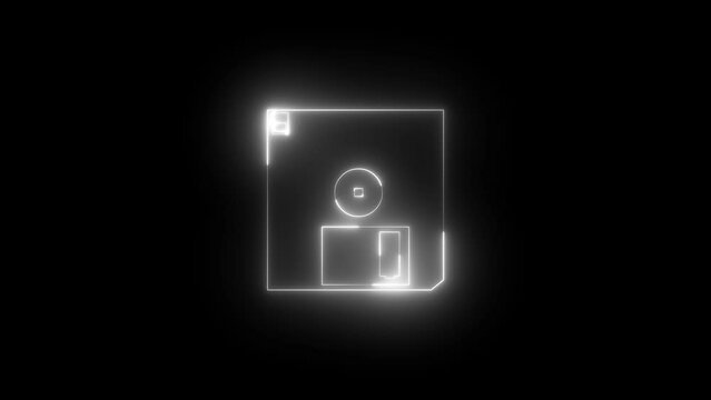 Neon glowing white diskette icon animation in black background